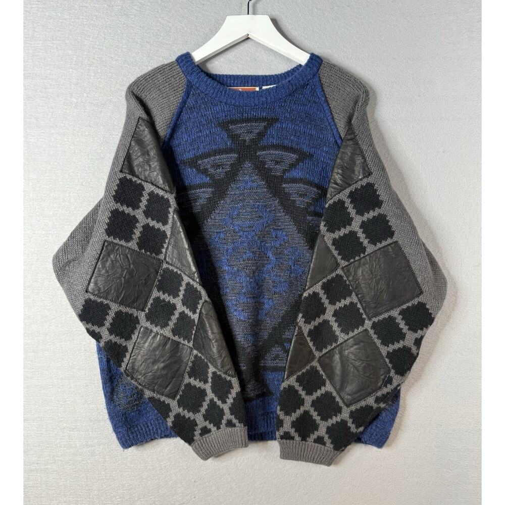 Vtg 90's Juice Sweater Mens Sz L Leather Retro‎ Streetwear Biggie Cosby Aztec